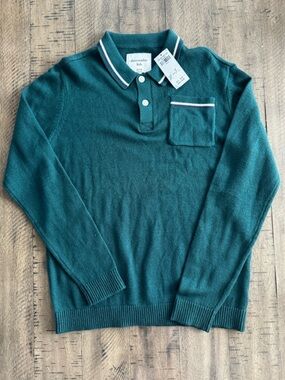 abercrombie kids teal long sleeve knit polo with contrast trim
